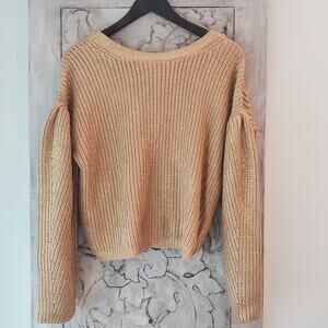 Kika Vargas Sweater Womens XS Gold Metallic Back Tie Puff Sleeve Pullover Chunky